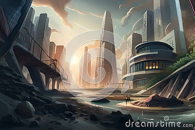 futuristic rendering city megacity cyberpunk scifi 3D illustration Cartoon Illustration