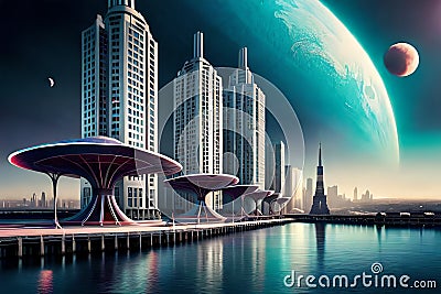 futuristic rendering city megacity cyberpunk scifi 3D illustration Cartoon Illustration