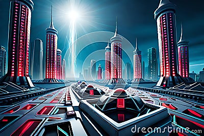 futuristic rendering city megacity cyberpunk scifi 3D illustration Cartoon Illustration