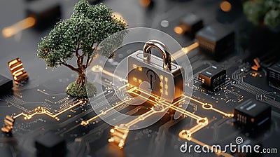A futuristic representation of cybersecurity, featuring a glowing lock on a digital circuit with advanced encryption systems, Stock Photo