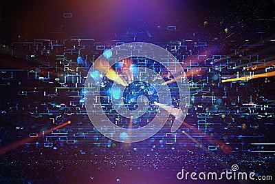 Futuristic retro background of the 80`s retro style. Digital or Cyber Surface. neon lights and geometric pattern Stock Photo