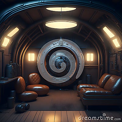 Futuristic Retro Bomb Shelter Livingroom Interior Realistic Metal Plates Wall Lether Sofa and Chairs Neon Tube Lights Glowing Stock Photo