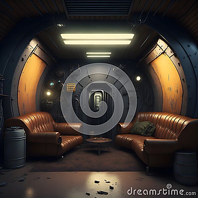 Futuristic Retro Bomb Shelter Livingroom Interior Realistic Metal Plates Wall Lether Sofa and Chairs Neon Tube Lights Glowing Stock Photo