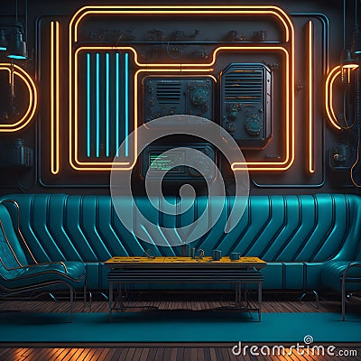 Futuristic Retro Bomb Shelter Livingroom Interior Realistic Metal Plates Wall Lether Sofa and Chairs Neon Tube Lights Glowing Stock Photo