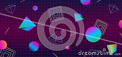 Futuristic retro 1980s style abstract cover banner design. 80s colorful gradient effect geometric polygon shape vector Cartoon Illustration