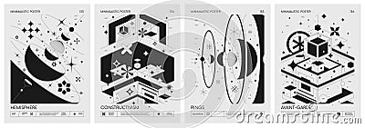 Futuristic retro vector minimalistic Posters with geometrical shapes various form, Abstract constructivism artwork composition Vector Illustration