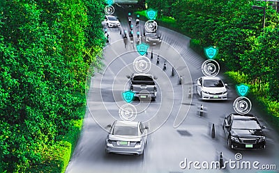 Futuristic road of genius for intelligent self driving cars,Artificial Intelligence system,Detecting objects,changing wrong lanes Stock Photo