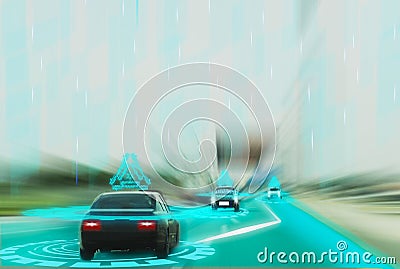 Futuristic road genius intelligent self driving smart cars,Artificial Intelligence system,Detecting objects,changing wrong lanes Stock Photo