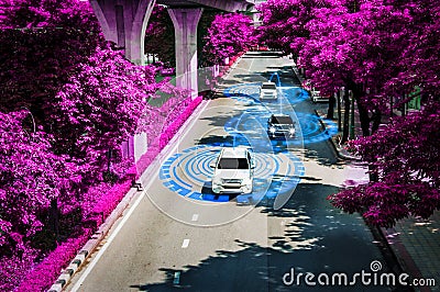 Futuristic road genius intelligent self driving smart cars,Artificial Intelligence system,Detecting objects,changing wrong lanes Stock Photo