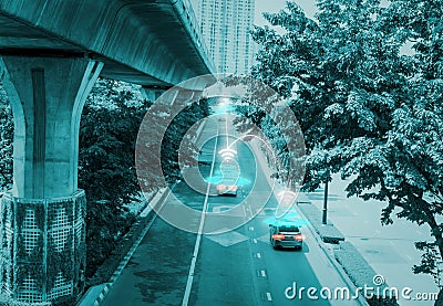 Futuristic road genius intelligent self driving smart cars,Artificial Intelligence system,Detecting objects,changing wrong lanes Stock Photo