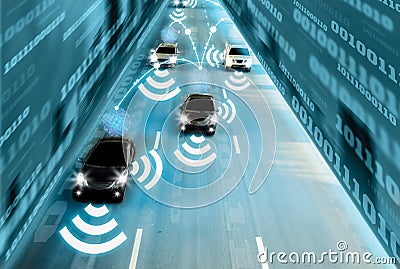 Futuristic road genius intelligent self driving smart cars,Artificial Intelligence system,sensing and wireless network Stock Photo