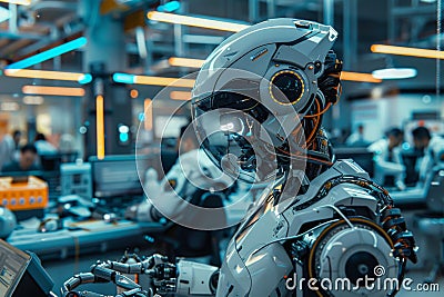 A futuristic robot in an advanced tech lab working diligently on complex tasks during the day Stock Photo
