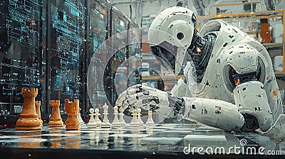 Futuristic robot analyzing chess pieces in a high-tech environment Stock Photo