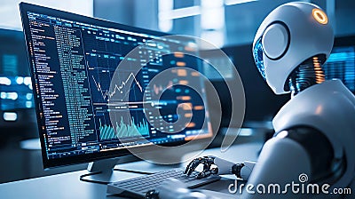 A futuristic robot analyzing complex data on a computer screen in a hightech environment showcasing advancements in artificial Stock Photo