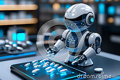 Futuristic robot analyzing data on a digital screen in a high-tech laboratory, showcasing advancements in artificial intelligence Stock Photo