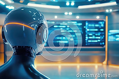 Futuristic robot analyzing data on a high-tech screen in modern control room Stock Photo
