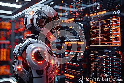 Futuristic robot analyzing data on high-tech screens in a server room, showcasing advancements in artificial intelligence and Stock Photo