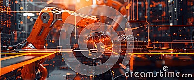 Futuristic robot arm on digital background, smart machine control process in factory, mechanical hand with AI technology. Theme of Stock Photo