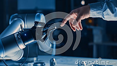 Futuristic Robot Arm Touches Human Hand in Humanity and Artificial Intelligence Unifying Gesture Stock Photo