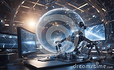 Futuristic robot artificial intelligence enlightening AI technology development and machine learning concept. Stock Photo
