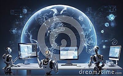 Futuristic robot artificial intelligence enlightening AI technology development and machine learning concept. Stock Photo
