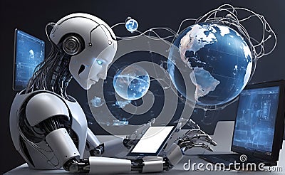 Futuristic robot artificial intelligence enlightening AI technology development and machine learning concept. Stock Photo