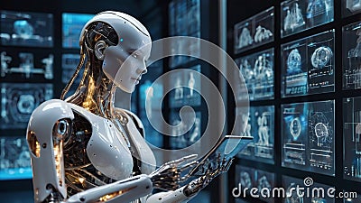 Futuristic robot artificial intelligence humanoid AI with tablet in her hand programming coding technology development and machine Stock Photo