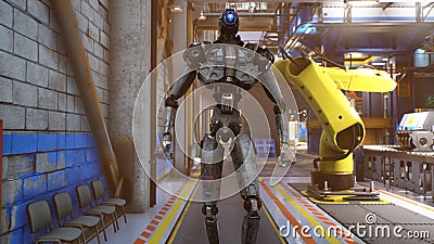 A futuristic robot checks an automatic production line in a car factory. 3D Rendering. Stock Photo