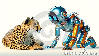 Futuristic Robot and Cheetah Interact in a Reflective StudioFuturistic Robot and Cheetah Interact in a Reflective Studio Stock Photo