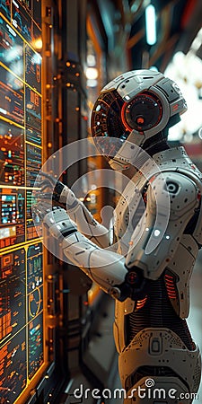 A futuristic robot is depicted using a digital interface in a hightech environment Stock Photo