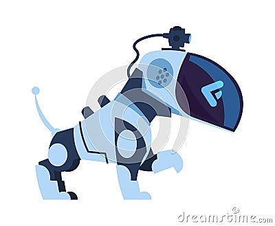 Futuristic robot dog. Cartoon electronic robotic toy. Automatic moving bot with remote control and artificial Vector Illustration