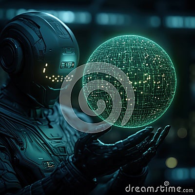 A futuristic robot examines a glowing green digital sphere, representing advanced technology, data analysis, and artificial Stock Photo