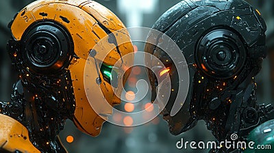 Futuristic robot face-off - high-tech artificial intelligence battle - generative ai Stock Photo