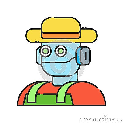 Futuristic robot farmer to increase efficiency. Agricultural IOT. Smart farming color linear icon. Sign for web page, app. UI UX Vector Illustration