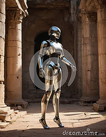 Futuristic Robot in Historic Ruins Stock Photo