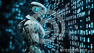 Futuristic robot interacting with digital data streams and codes Stock Photo