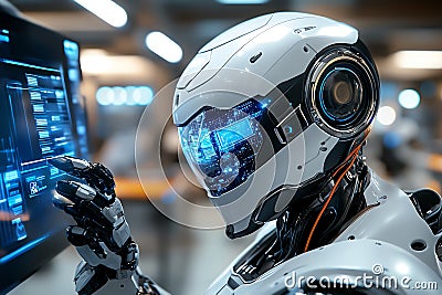 A futuristic robot interacts with an advanced computer interface in a modern technological environment, symbolizing AI innovation Stock Photo