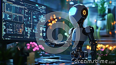 Futuristic robot interacts with a high-tech computer interface Stock Photo
