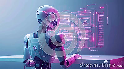 A futuristic robot interacts with a holographic interface, showcasing the power of artificial intelligence Stock Photo