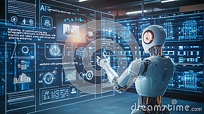 AI Robot Analyzing Data on Futuristic Screens AI generated. Stock Photo