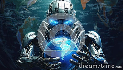 Futuristic Robot with Light Cyan and Silver Aesthetics Holding Earth. world technology security system and business industry Stock Photo