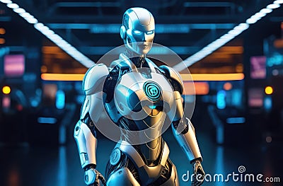 Futuristic robot made of metal with glowing eyes looking forward in determined manner. technologies Stock Photo