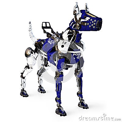 Futuristic robot mechanical cyborg police dog on a white background. 3d rendering Stock Photo