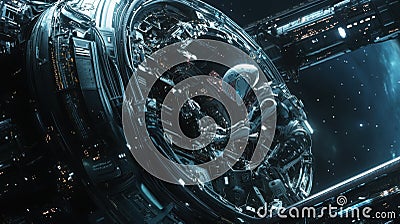 Futuristic robot navigating high-tech space station with advanced technology and intricate design against starry cosmic background Stock Photo