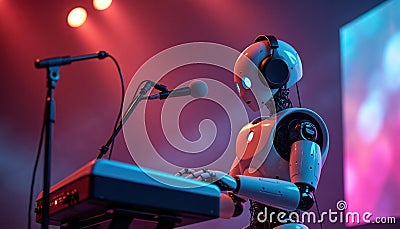 Futuristic robot performs on stage. Robot plays keyboard, sings. Cool lights, music create unique entertainment. Tech artist Stock Photo