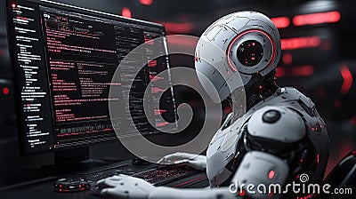 Futuristic robot programmer working on a computer Stock Photo