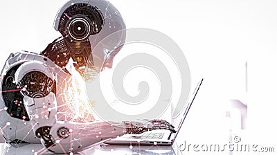 A futuristic robot sits diligently at a desk, focused on a laptop screen, utilizing artificial intelligence to perform tasks Stock Photo