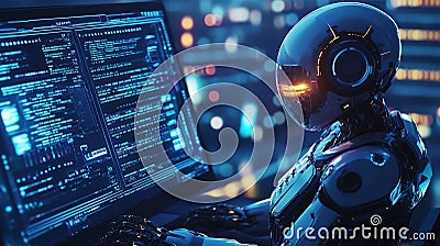 A futuristic robot works on a computer, code displayed on the screen Cartoon Illustration