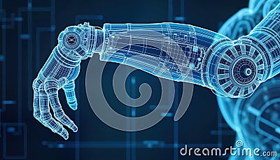 Futuristic robotic arm design. Detailed blueprint displays complex tech. Advanced mechanical construction features intricate Stock Photo