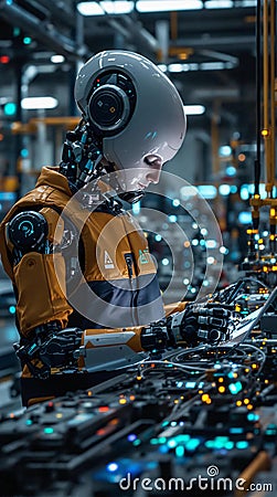 Futuristic robotic engineer working in a vibrant, high-tech factory environment during nighttime hours. Generative AI Stock Photo